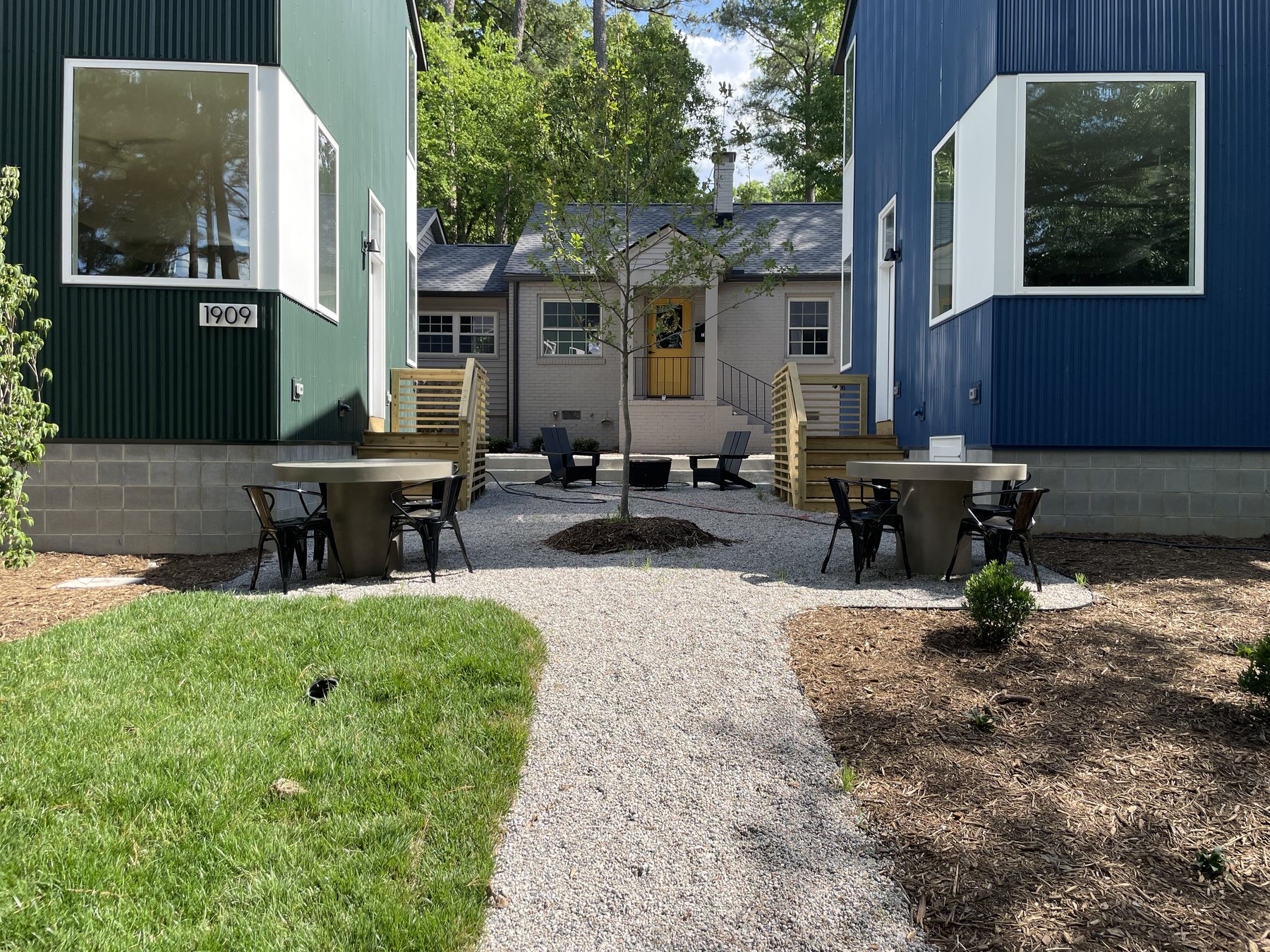Small-lot infill homes facing a shared path