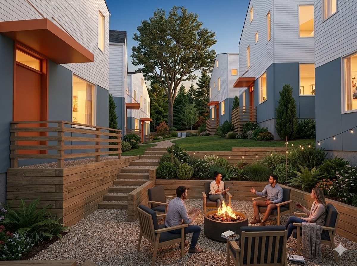 Small-lot homes around a shared outdoor space