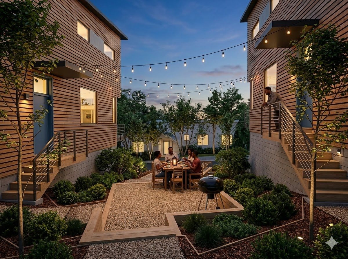 Townhouse courtyard with outdoor seating and string lights